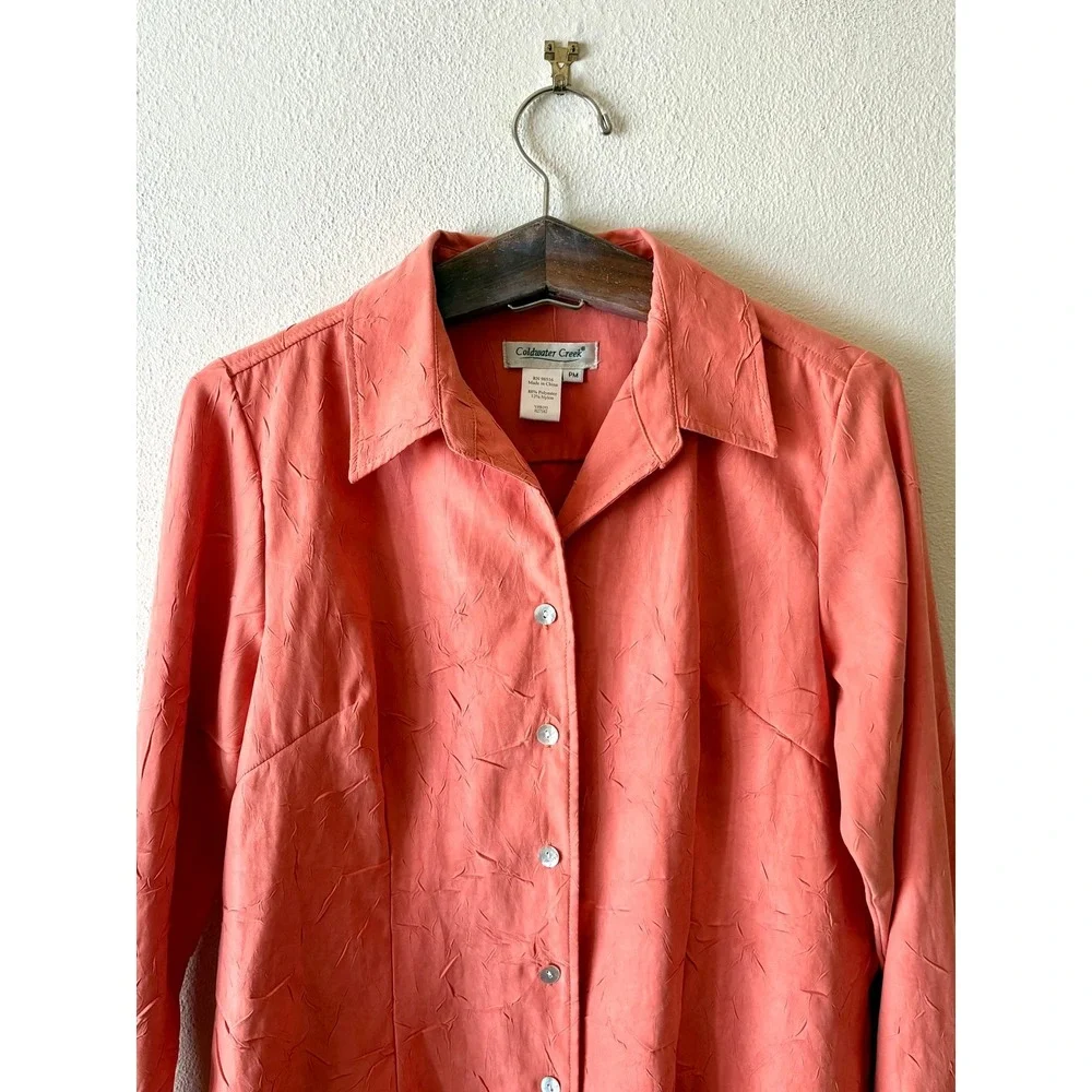 Coldwater Creek Coral Orange Crinkle Texture Button Up Top Women's Petite M Chic